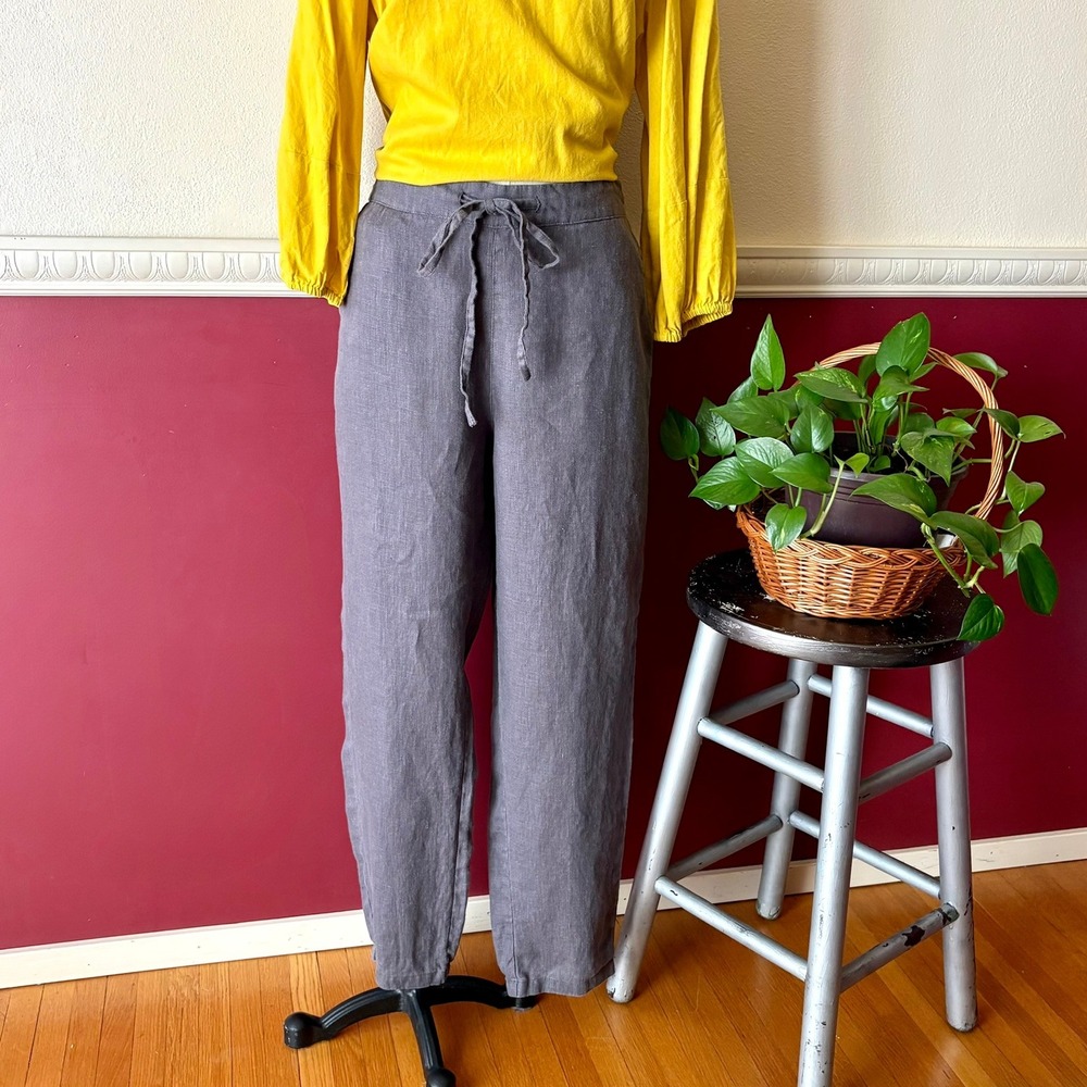 IXIMO 100% Linen Drawstring Joggers Gray Ankle Pants Size M Minimalist Lagenlook